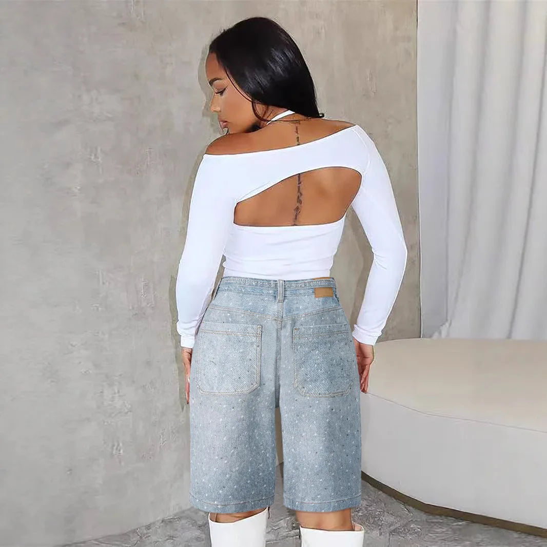 Knee Length Women Jeans High Waist Jean Denim Washed Pants Sashes Zipper Fly Distressed Straight Diamonds Summer Vintage