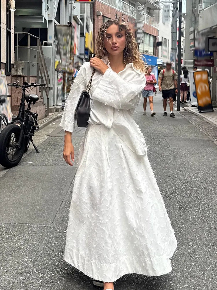 HH Women Tassel Sets White Turn-Down Collar Single-Breasted Shirts+High Waist Zipper A-Line Long Skirts Female Holiday Suit