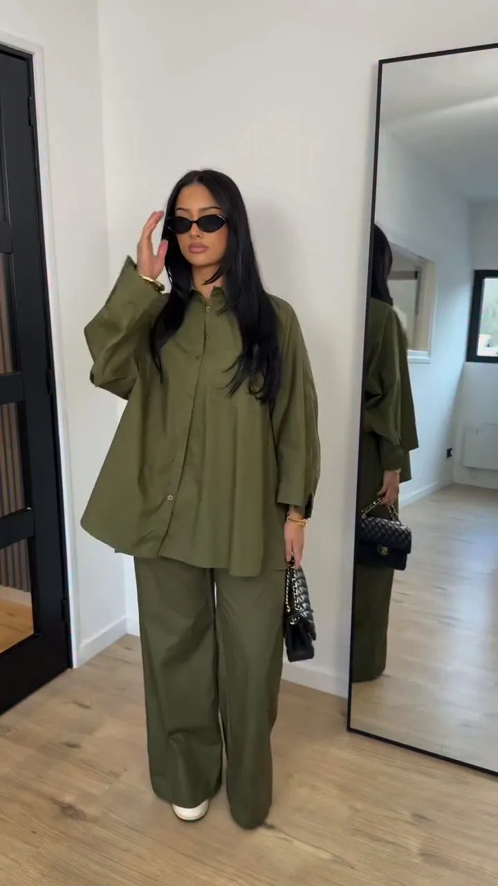 Lapel Short Sleeve Pocket Solid Color Shirt Pants Set Loose Fit Straight Leg Trouser 2026 Spring Casual Women Daily Outfit
