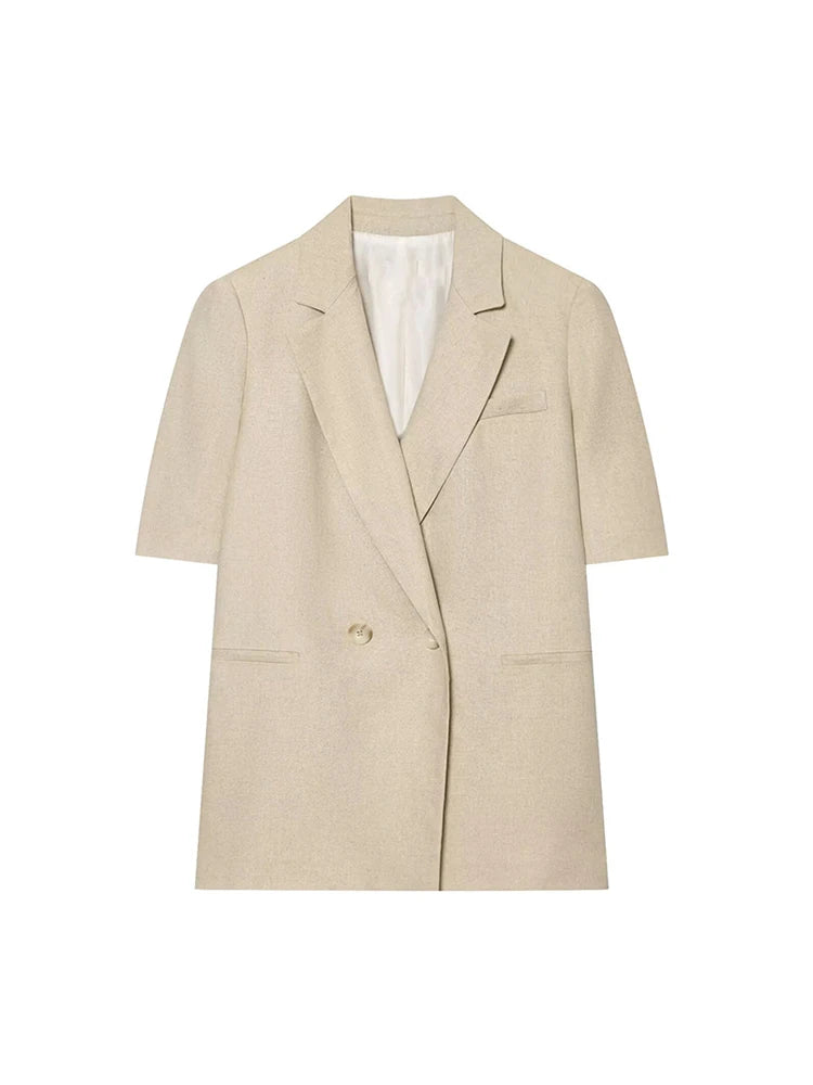 TFMLN 2026 Women's Blazer Jacket Suit Elegant Short Sleeve Double Breasted Slim Fit Jackets Straight Pants Lady Commuter Set