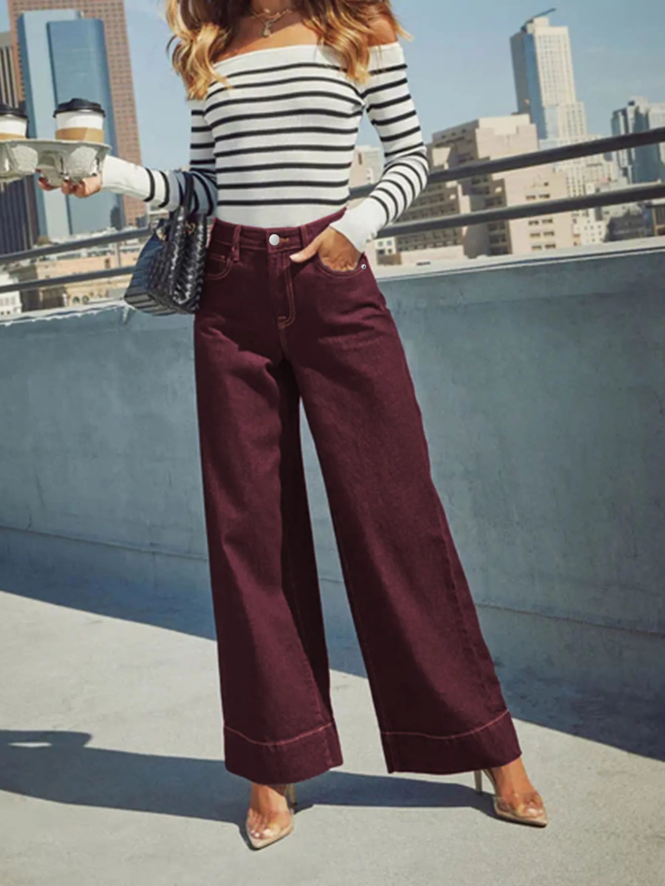 Burgundy women's high waist wide leg jeans stretch denim button placket washed jeans casual outing versatile style