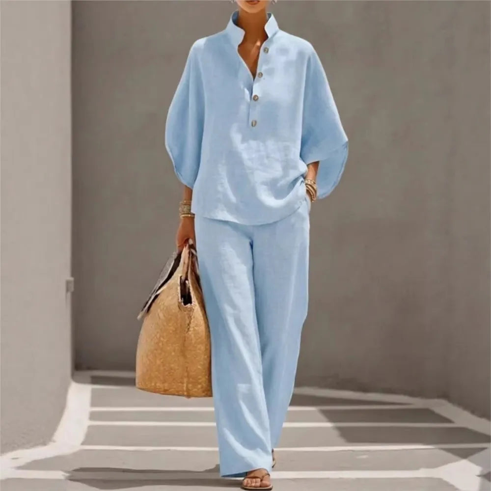 Fashion Cotton Linen Button Stand Collar 9 Quarter Sleeves Loose Women's 2-piece Suit Spring Casual Wide Leg Pants Suit Female