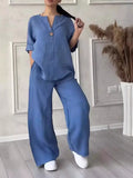 Cotton Linen Sets Two 2 Pieces Sale Casual Long Sleeve Button Loose Blouse Shirt&High Elastic Wide Leg Loose Pant Suits NMD-3021