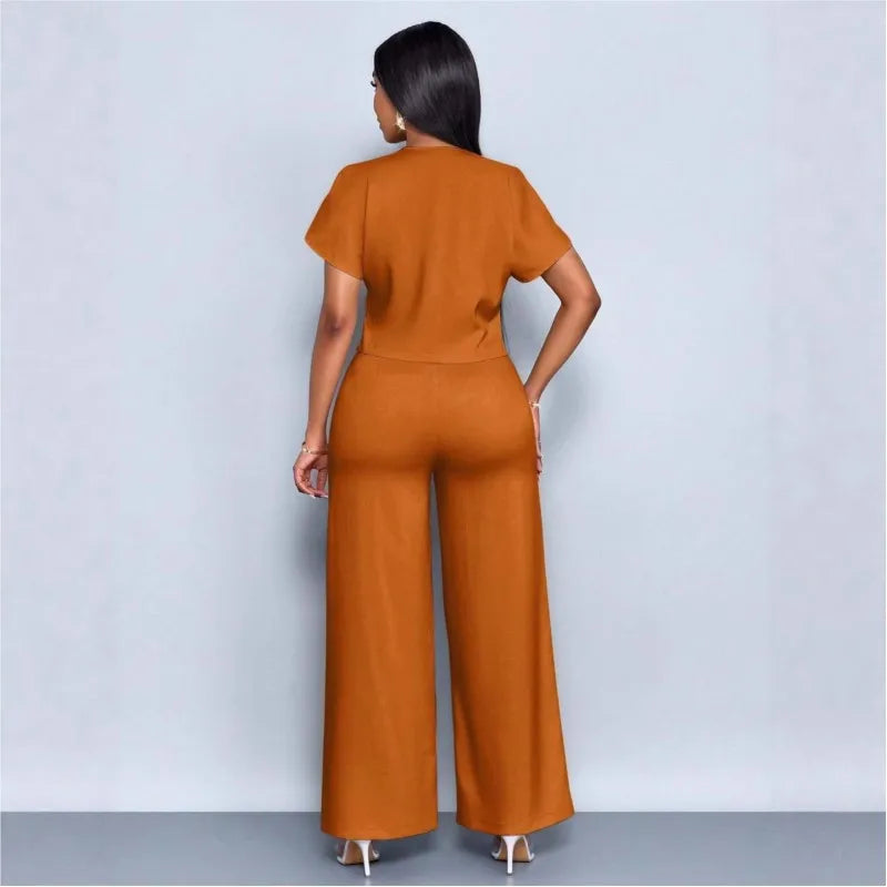 Two Piece Set Women 2026 Summer Fashion V-neck Short Sleeve Short Top & Casual Commuter High Waist Wide Leg Pants Set Outfit