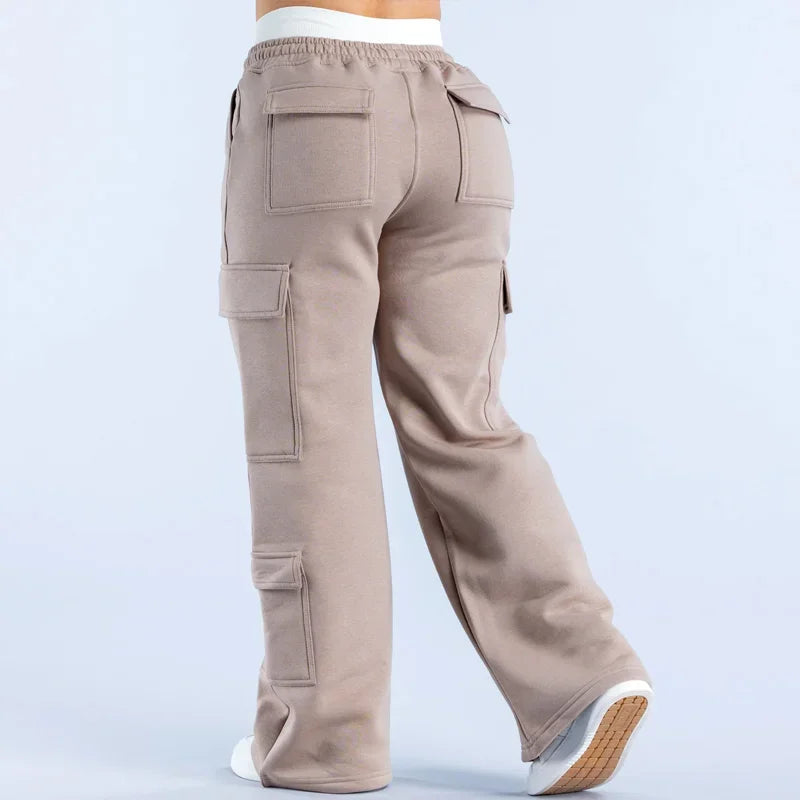 Women Fashion Low Waist Belted Straight Leg Wide Leg Trousers Solid Color Casual Joggers Multiple Pockets American Work Pants