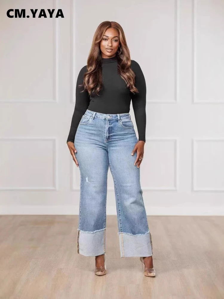 CM.YAYA Women Streetwear Straight Washed Denim Patchwork Wide Leg Jeans Pants 2025 Spring Fashion Ripped Out Party Trousers