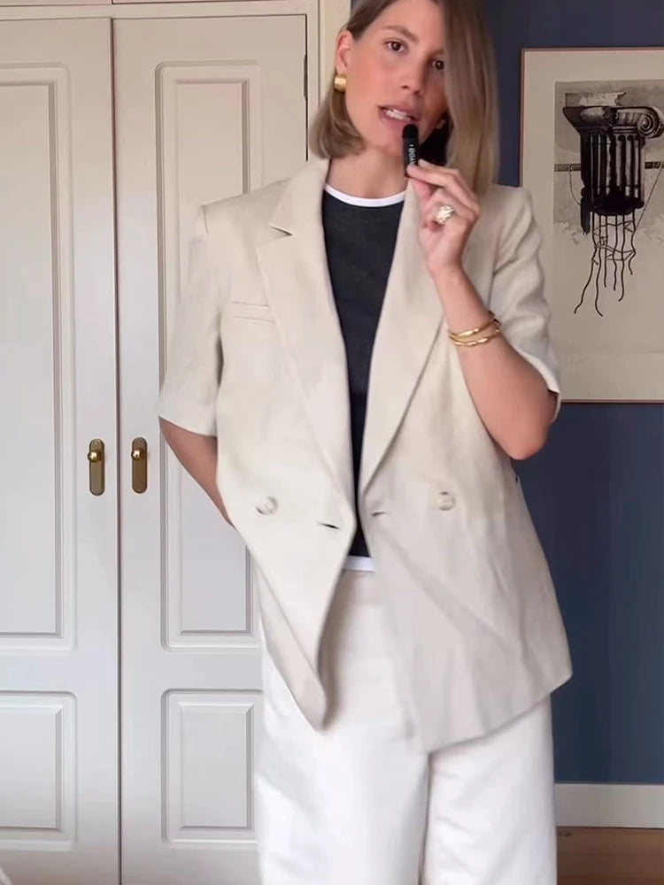 TFMLN 2026 Women's Blazer Jacket Suit Elegant Short Sleeve Double Breasted Slim Fit Jackets Straight Pants Lady Commuter Set