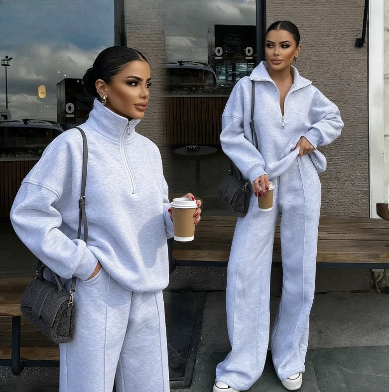European American Women Casual Suit Half Placket Long Pants Two Piece Set Loose Outfit