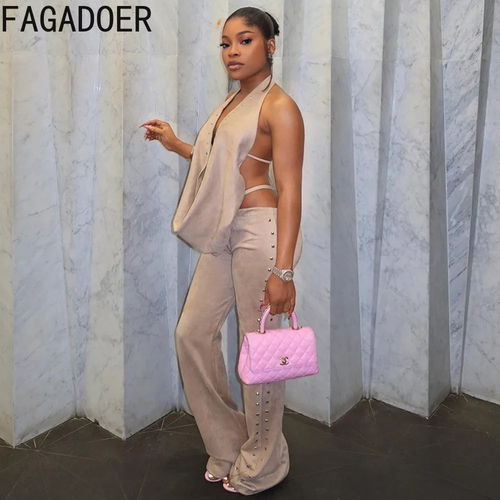 FAGADOER Sexy Solid Color 2 Pieces Set for Woman Halter Sleeveless Backless Crop Top and Flare Pants Female Streetwear Clothing