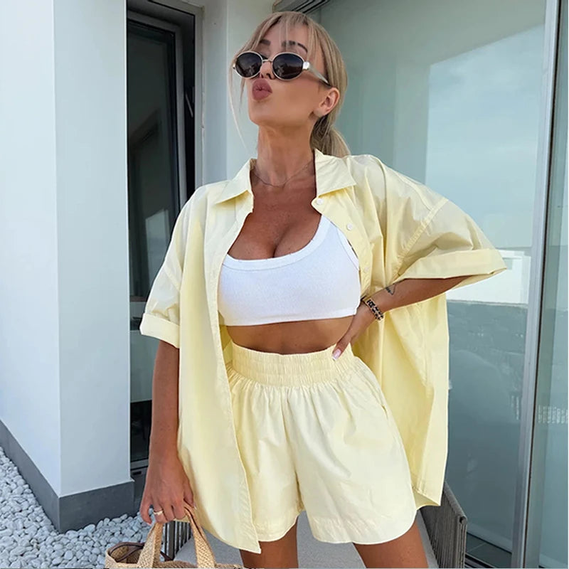 Lapel Short Sleeve Pocket Solid Color Shirt Pants Set Loose Fit Straight Leg Trouser 2026 Spring Casual Women Daily Outfit