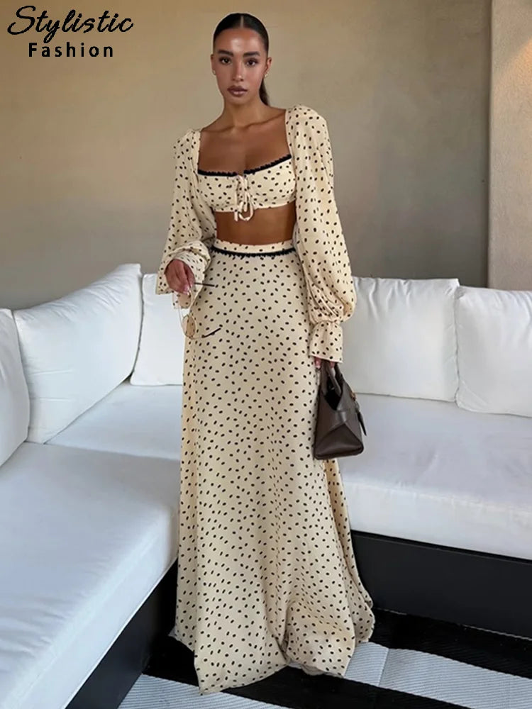 Sexy Dot Tank Top Skirt Women's Sets Beach Long Lantern Sleeve Slash Neck Top Trumpet Skirts 2026 Spring Summer Chic Lady Outfit