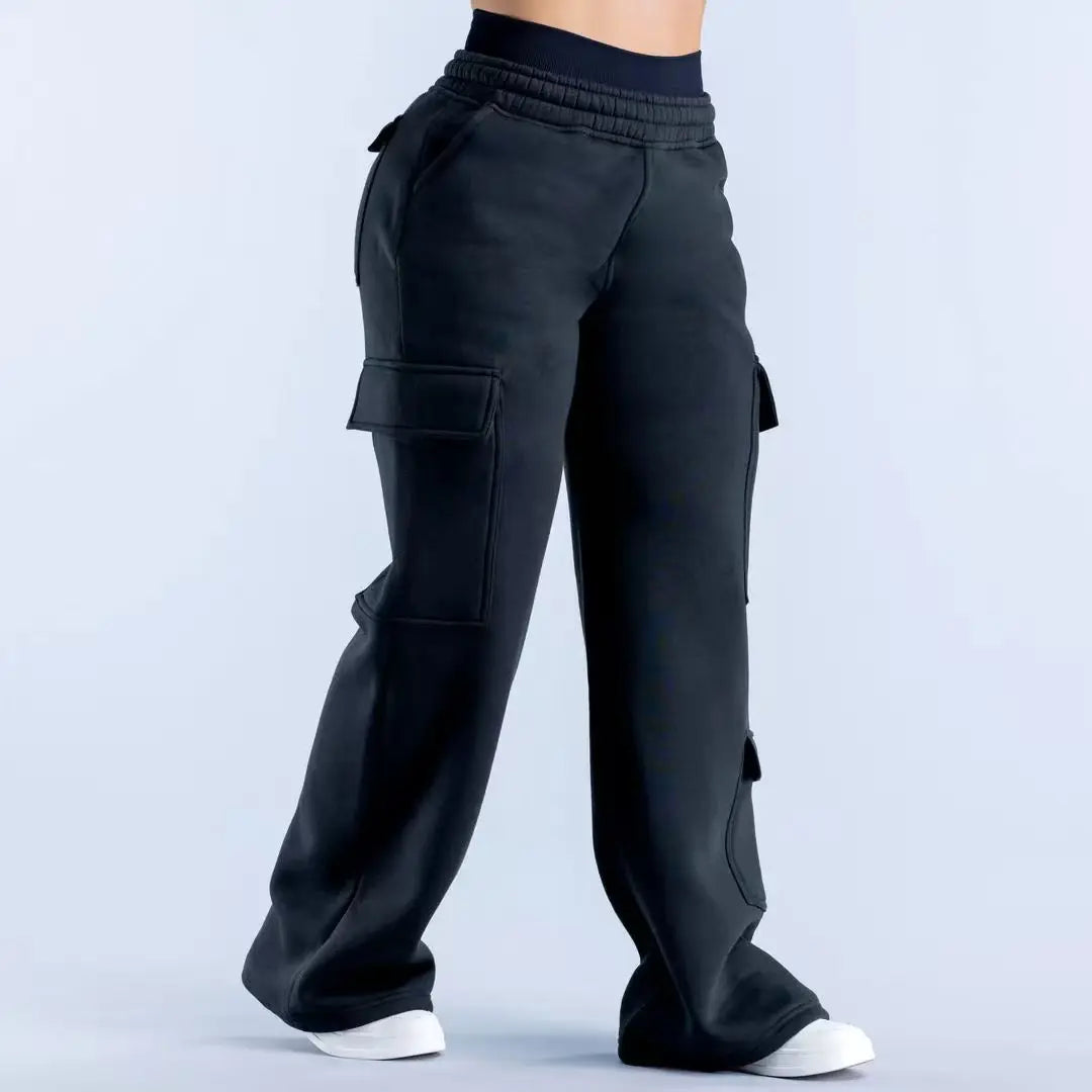 Women Fashion Low Waist Belted Straight Leg Wide Leg Trousers Solid Color Casual Joggers Multiple Pockets American Work Pants
