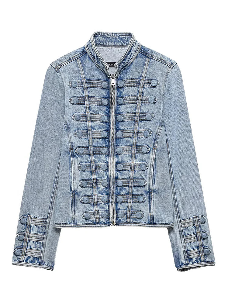 HH Vintage Women's Denim Cropped Jacket Spring Autumn O-Neck Long Sleeve Buttoned Slim Denim Jean Coat Military Style Streetwear