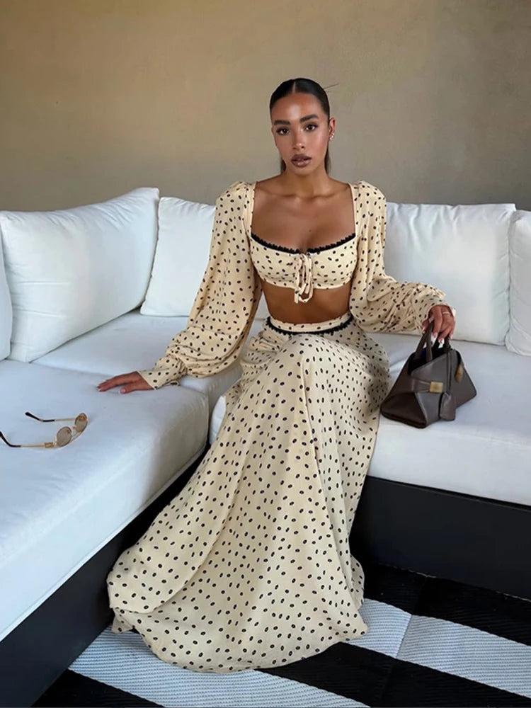 Sexy Dot Tank Top Skirt Women's Sets Beach Long Lantern Sleeve Slash Neck Top Trumpet Skirts 2026 Spring Summer Chic Lady Outfit