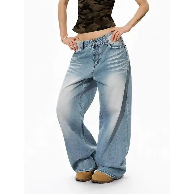 Vintage American style cross rivet plus size women loose straight leg wide leg pants Y2k casual ripped pants