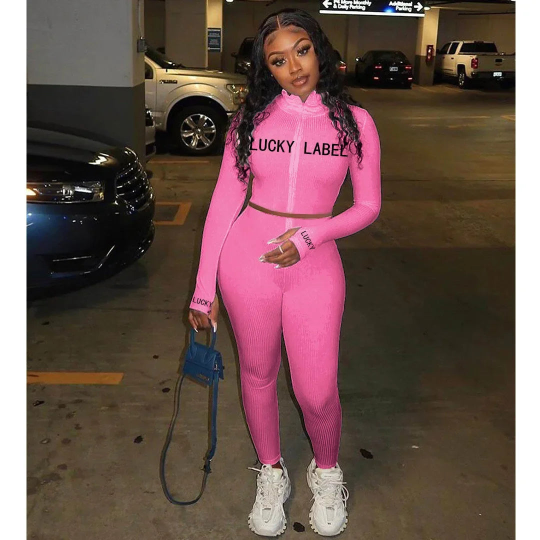 2026 Women's High-Necked 2-Piece Sport Suit with Embroidered Letters And Zipper Detail