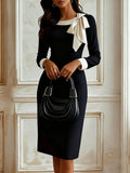 Women's Autumn Professional Elegance Bow Tie Color-blocked Career Dress Goddess Style Tailored Fit