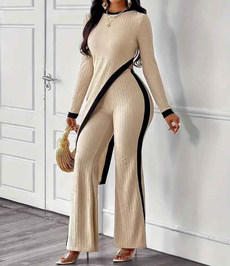 Elegant women's tight fitting asymmetrical hem pants top set for women