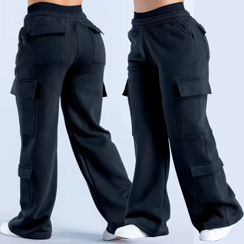 Women Fashion Low Waist Belted Straight Leg Wide Leg Trousers Solid Color Casual Joggers Multiple Pockets American Work Pants