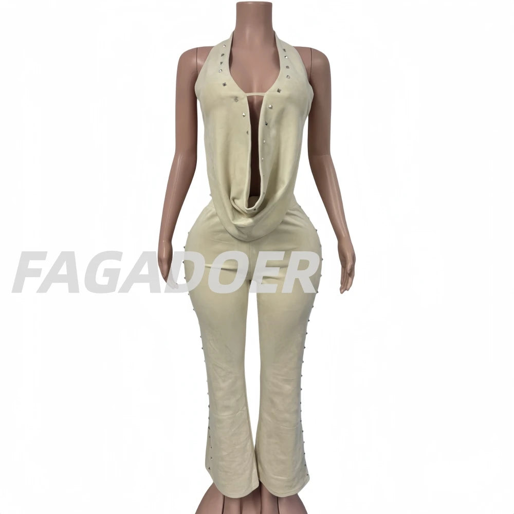 FAGADOER Sexy Solid Color 2 Pieces Set for Woman Halter Sleeveless Backless Crop Top and Flare Pants Female Streetwear Clothing