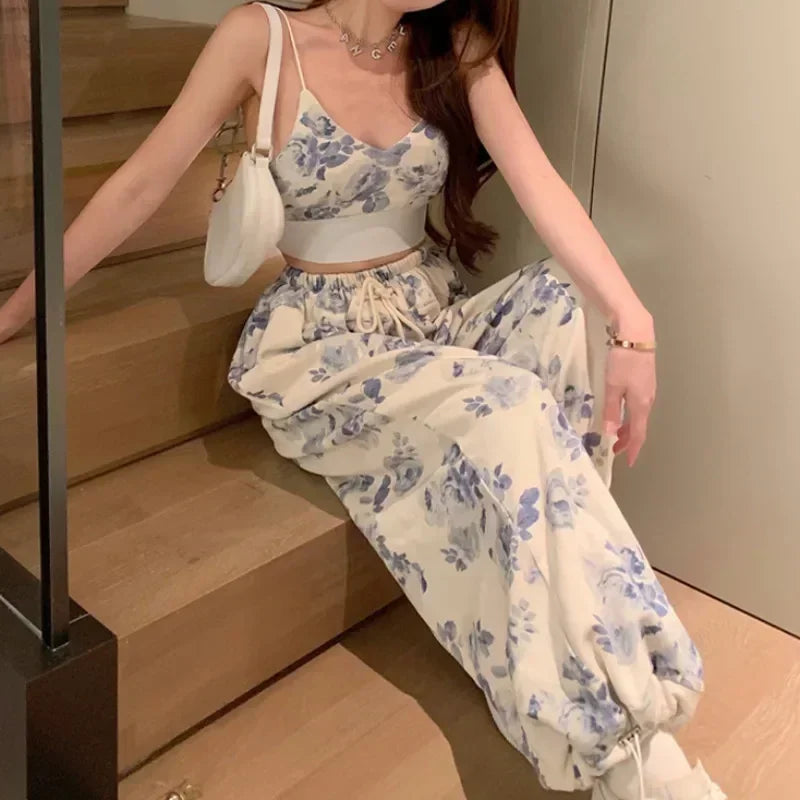 Korea 2 Piece Sets Womens Outifits Summer Clothes 2024 Floral V-Neck Spaghetti Strap Camisole and Drawstring Elastic Waist Pants