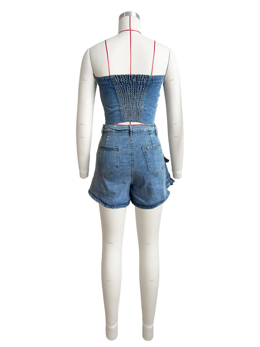 Multi Pockets Jeans Shorts Skirt Outfit Set Sexy Women Elegant Two Pieces Denim Club Matching Set Top+Shorts