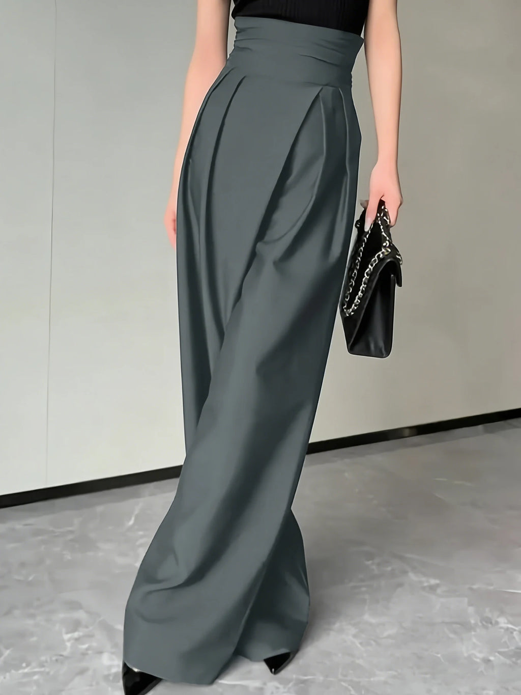 Women's Grey High Waist Wide Leg Suit Pants Pleated Wrap Waist Flowy Palazzo Pants Fashion Spring Summer Office Daily Trousers