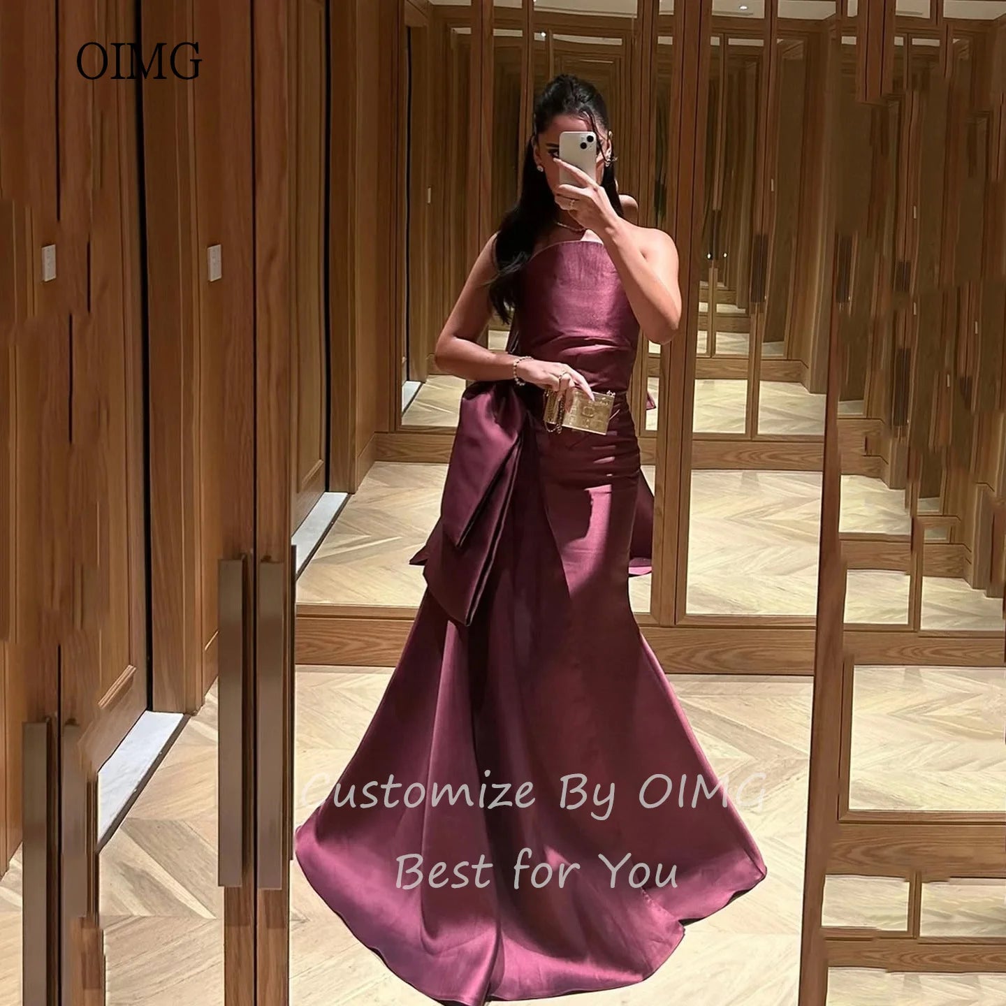 OIMG Classic Purple Strapless A Line Prom Gowns Satin Backless Formal Party Gown Floor Length Evening Dress Customized