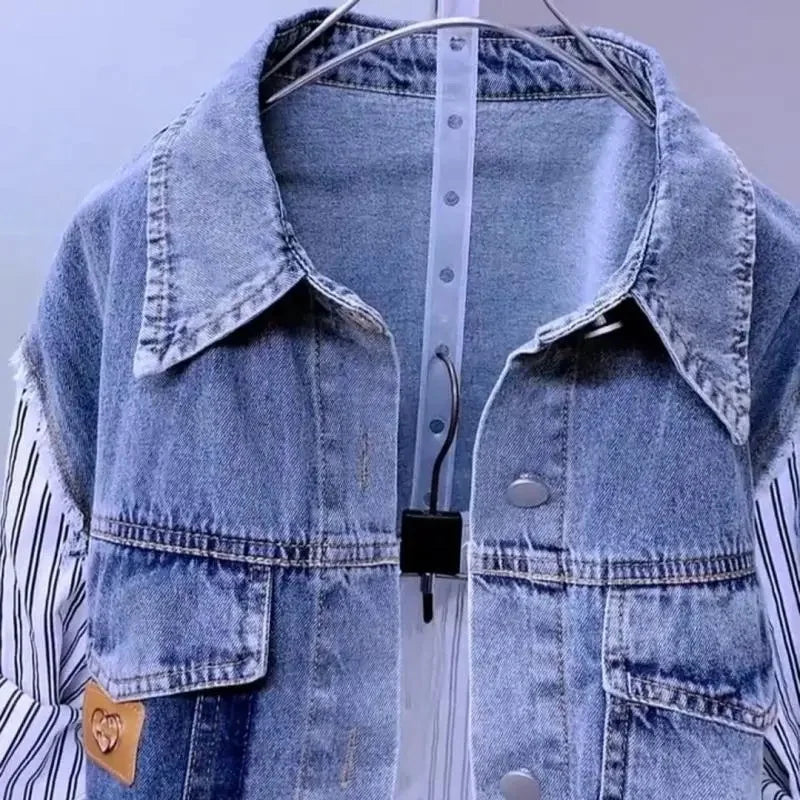 Fashion Striped Denim Jacket Women's Spring/Summer 2024 New Design Sense Stitching Women Jackets Temperament Coat Top 3022