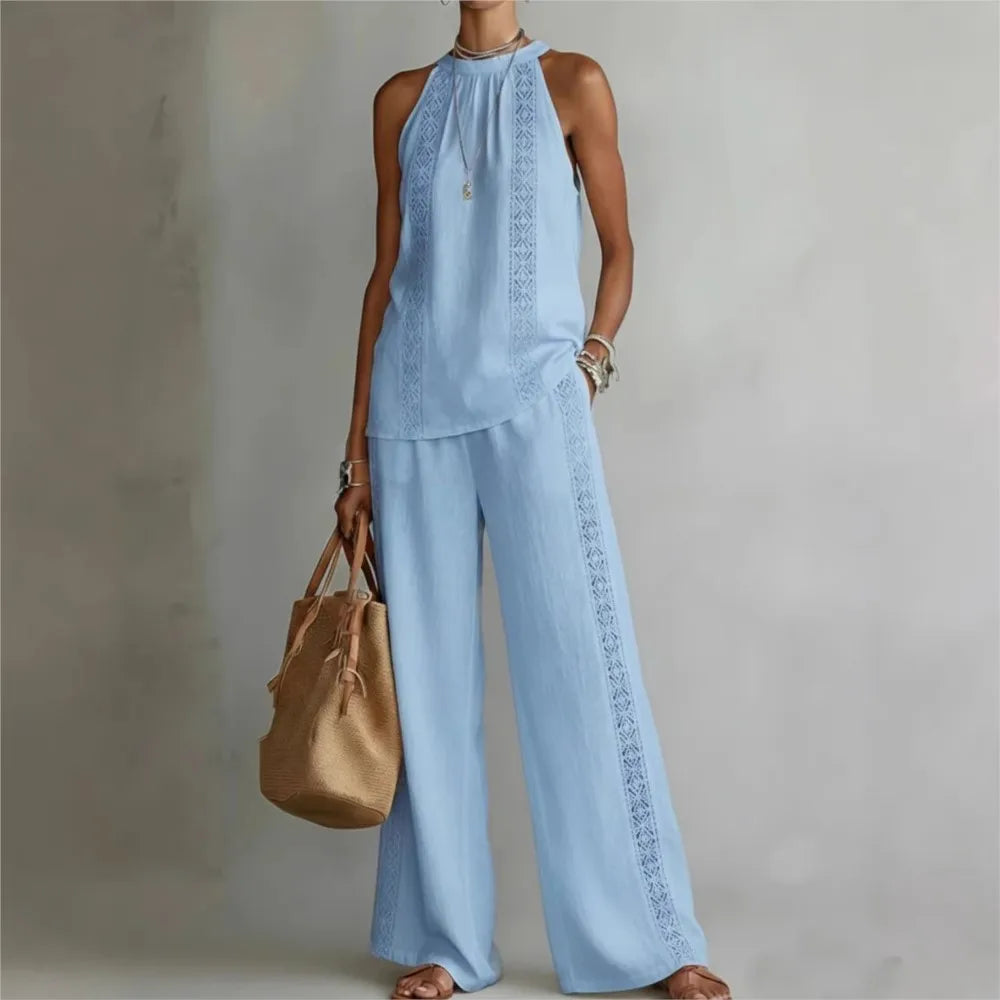 Sexy Halter Neck Sleeveless Tops Women's Office Suit Summer New Fashion Loose Retro Hollow Lace Wide Leg Pants 2-piece Set 2026