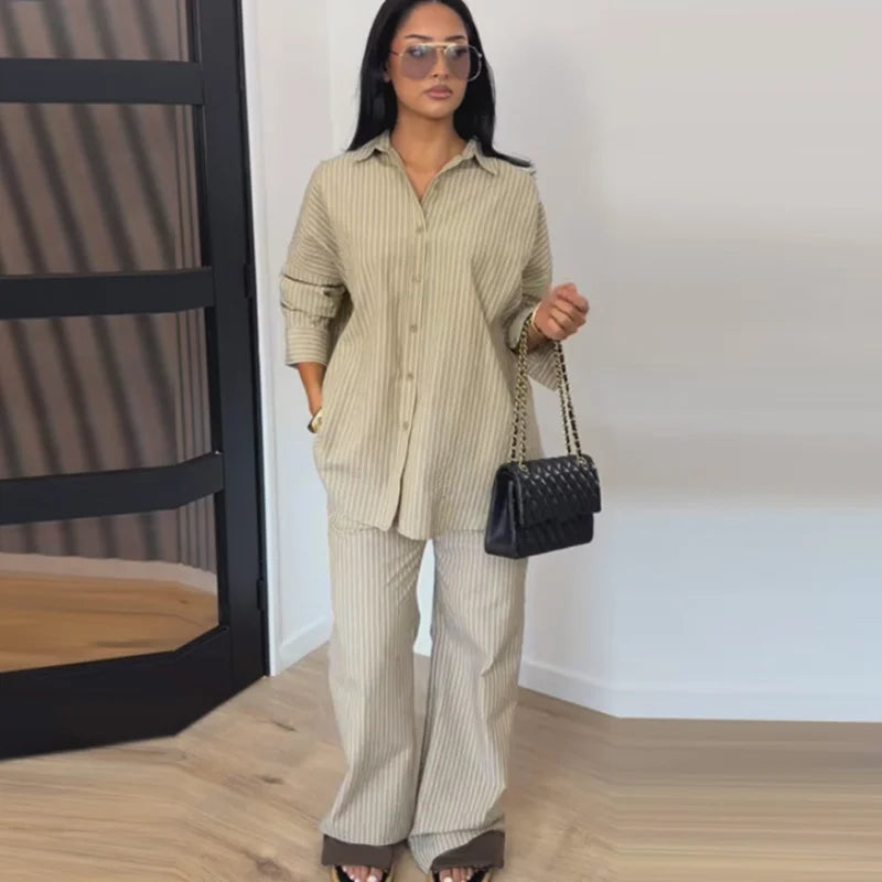 Lapel Short Sleeve Pocket Solid Color Shirt Pants Set Loose Fit Straight Leg Trouser 2026 Spring Casual Women Daily Outfit