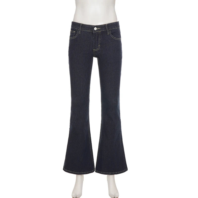 SUCHCUTE Dark Blue Low-Rise Slim-Fit Flare Jean Y2k Aesthetic 2000s Denim Trousers Chic Sexy Pant Casual Outfit Grunge Fairycore