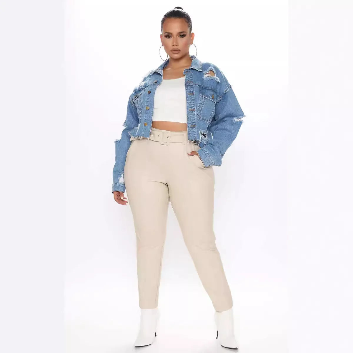 Washed Ripped Denim Short Jacket. New Fashionable Loose Casual Lapel Long-sleeved Denim Jacket for Women in Spring and Autumn