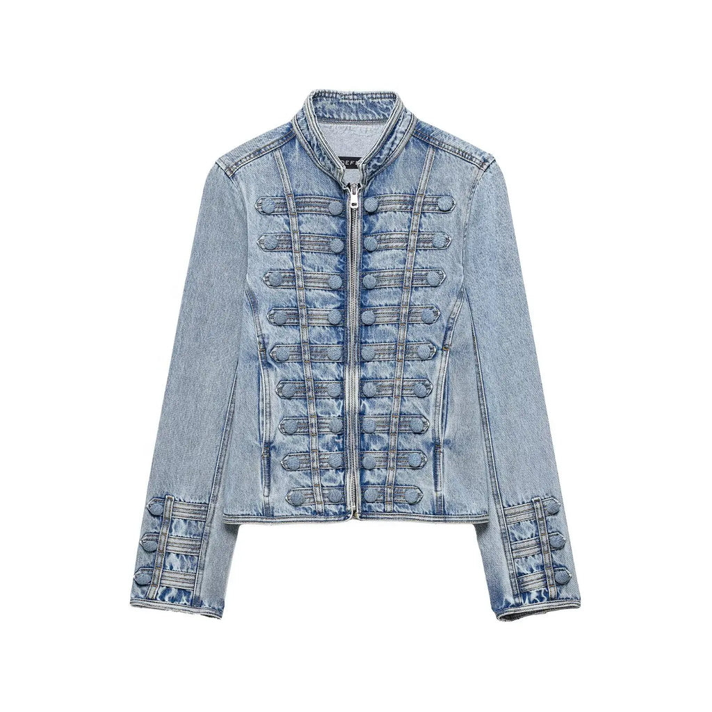 HH Vintage Women's Denim Cropped Jacket Spring Autumn O-Neck Long Sleeve Buttoned Slim Denim Jean Coat Military Style Streetwear