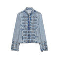 HH Vintage Women's Denim Cropped Jacket Spring Autumn O-Neck Long Sleeve Buttoned Slim Denim Jean Coat Military Style Streetwear