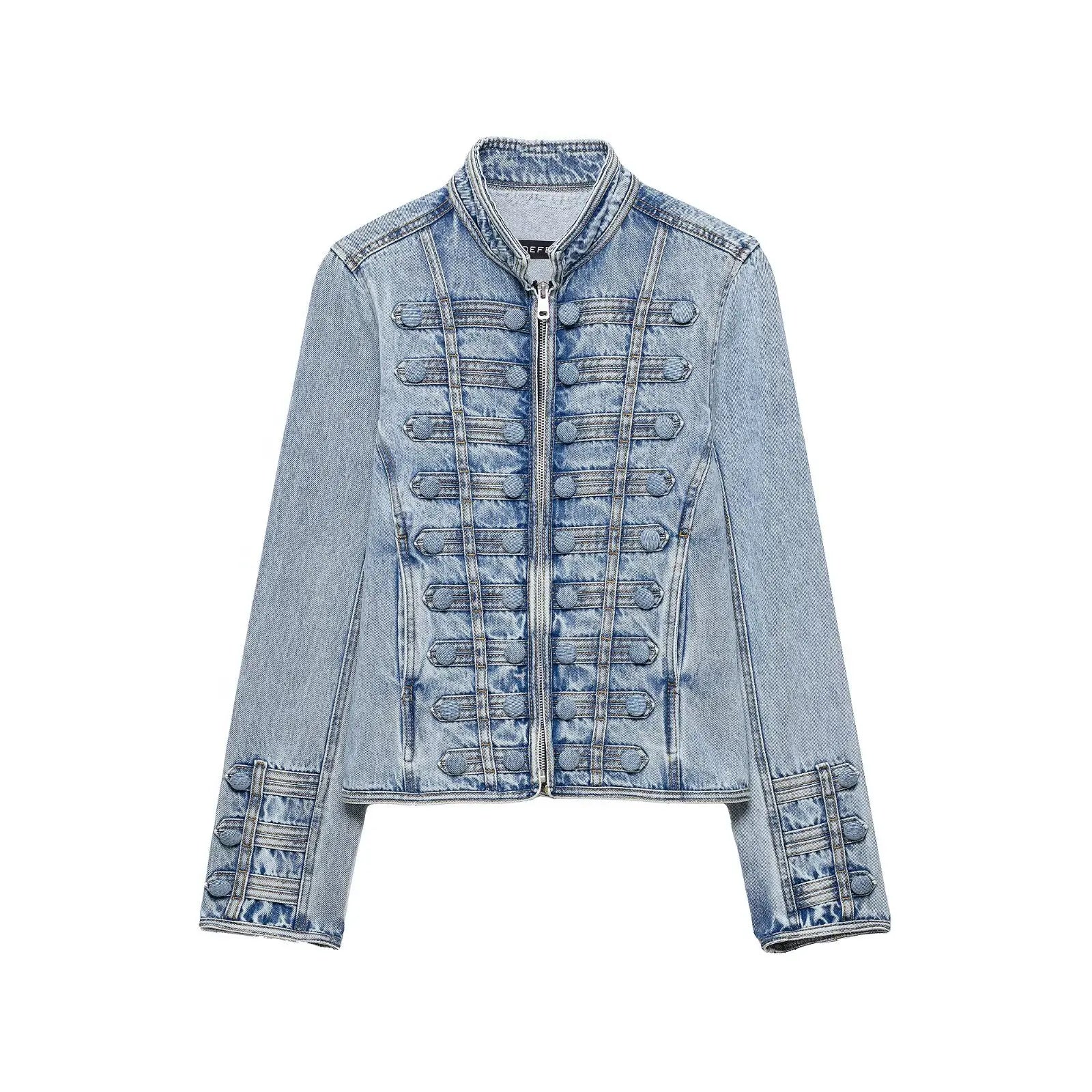 HH Vintage Women's Denim Cropped Jacket Spring Autumn O-Neck Long Sleeve Buttoned Slim Denim Jean Coat Military Style Streetwear