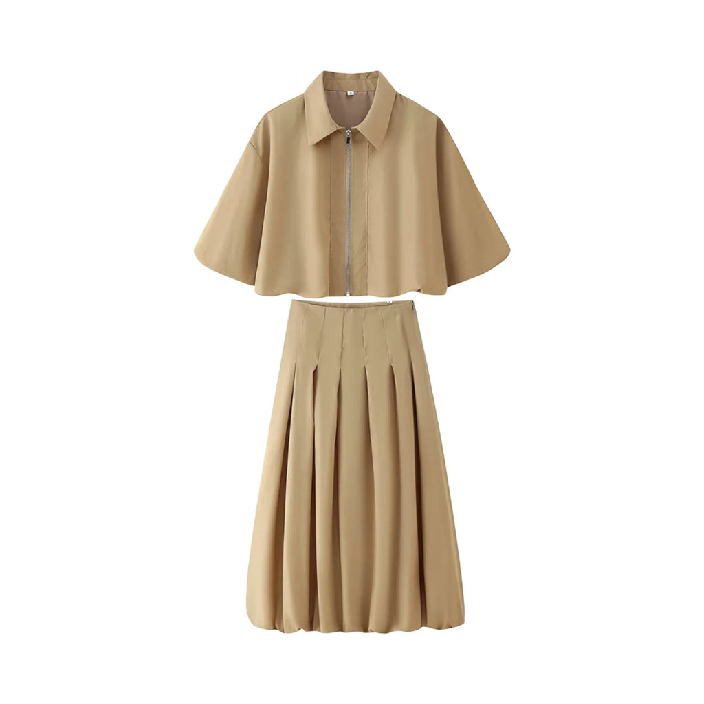 Women's Autumn New Short Zipper Jacket Short Sleeved Top High Waisted Pleated Lantern Flower Bud Half Skirt Set