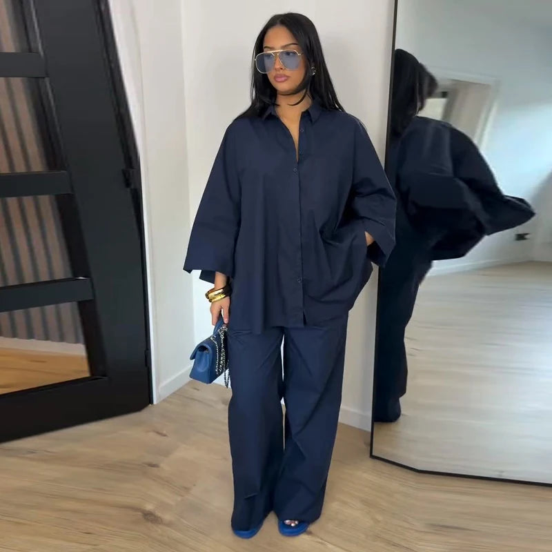 Lapel Short Sleeve Pocket Solid Color Shirt Pants Set Loose Fit Straight Leg Trouser 2026 Spring Casual Women Daily Outfit