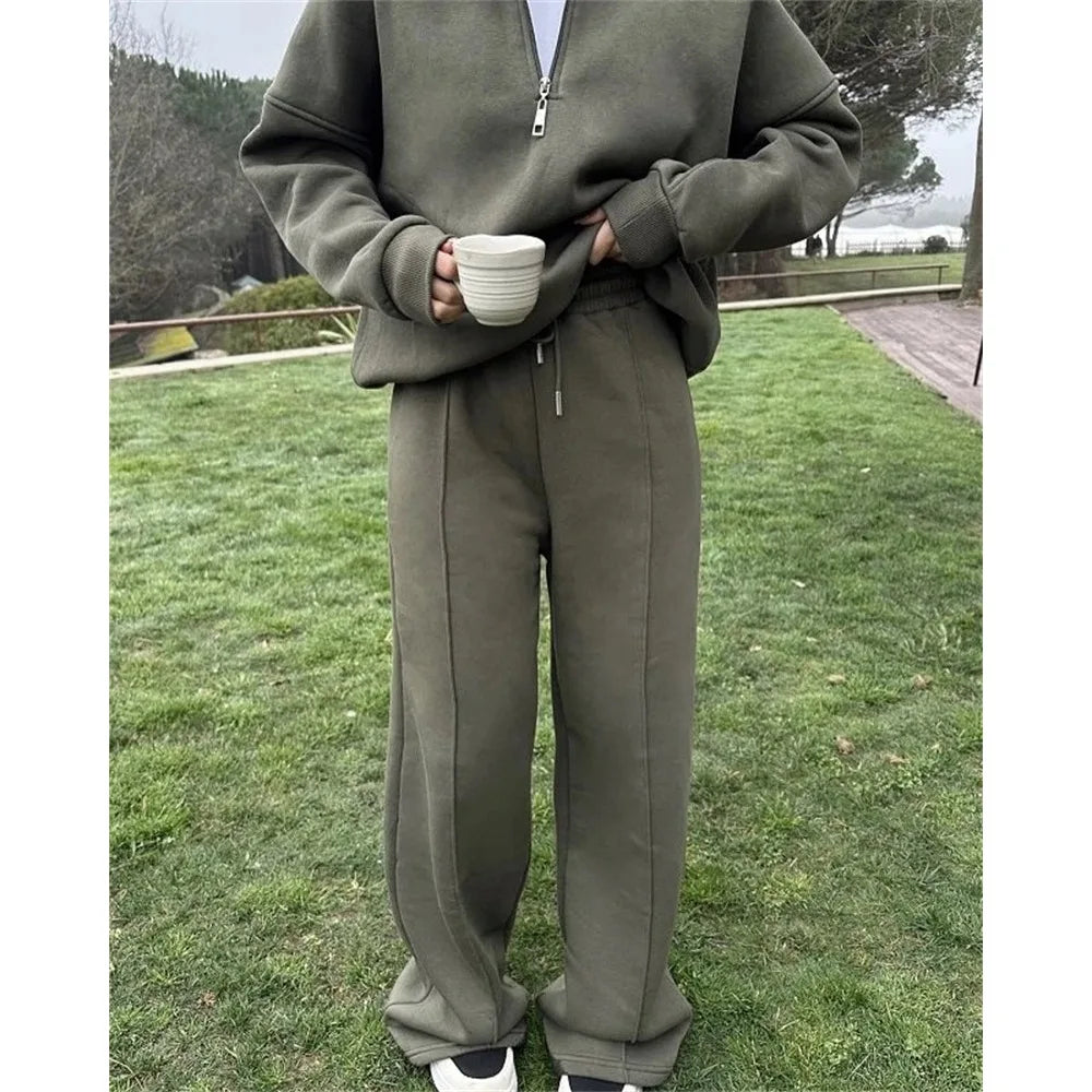 European American Women Casual Suit Half Placket Long Pants Two Piece Set Loose Outfit
