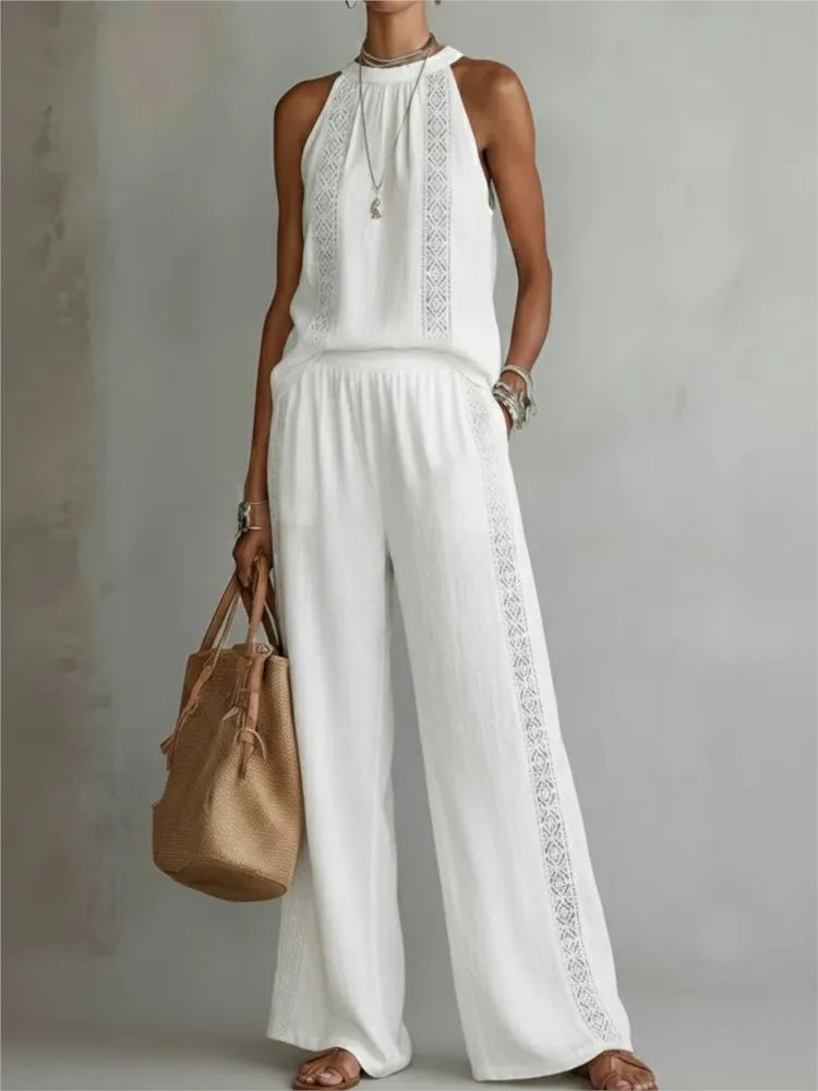 Sexy Halter Neck Sleeveless Tops Women's Office Suit Summer New Fashion Loose Retro Hollow Lace Wide Leg Pants 2-piece Set 2026