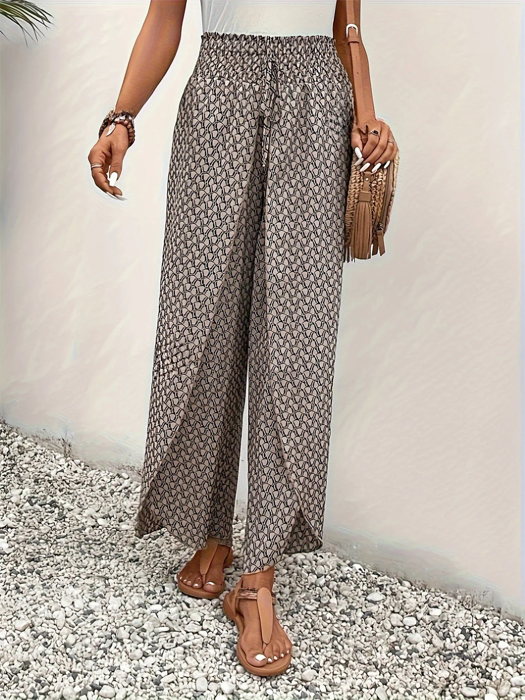 Spring Summer Women Elegant Wide Legs Pants Casual Vacation Beach Print Trousers Office Lady Loose High Waist Pants