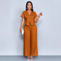 Two Piece Set Women 2026 Summer Fashion V-neck Short Sleeve Short Top & Casual Commuter High Waist Wide Leg Pants Set Outfit